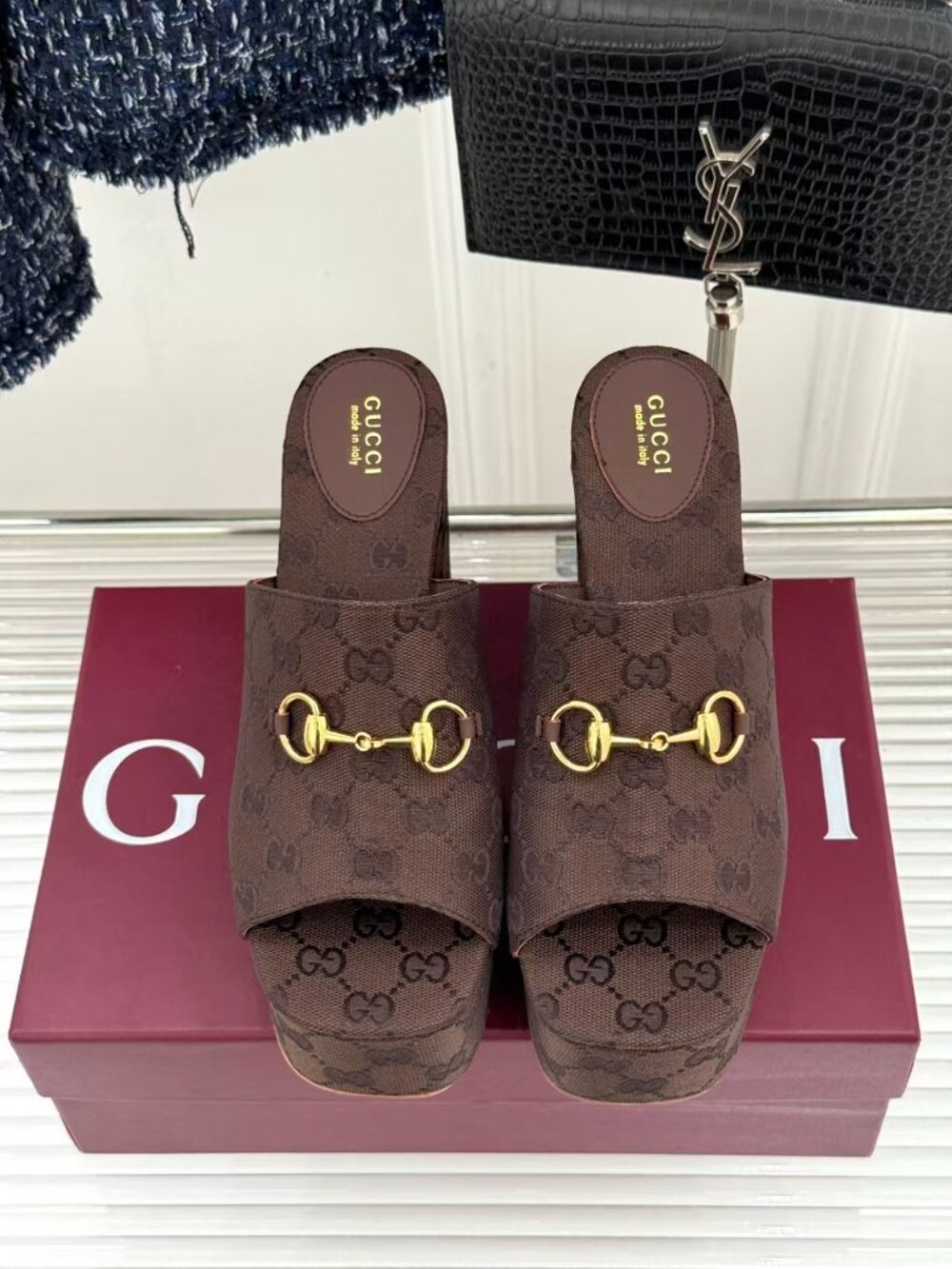 Gucci Brown GG Canvas Platform Slide Sandals Gold Horsebit Wedge Mules